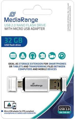 Actual product image MediaRange USB Nano memory stick with Micro USB adapter (32 GB, USB-A, Micro USB-A)