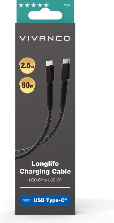 Actual product image Vivanco Longlife USB-C cable, nylon, USB-C plug <> USB-C plug, 60W, black, 2.5m (2.50 m, USB 2.0, 60 W)