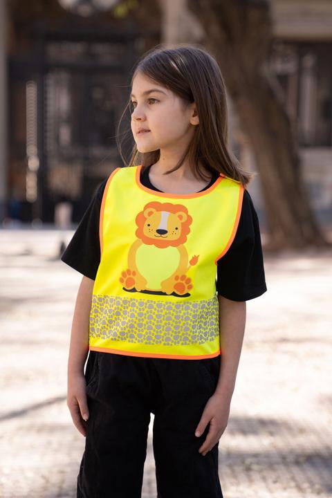 Actual product image Korntex Kinder Warnweste „Funtastic Wildlife“ - CO2 Neutral - Signal-Gelb/Löwe - XXS (XXS)