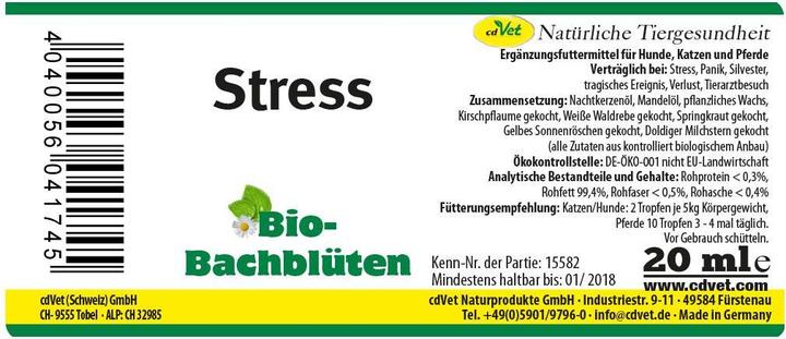 Image du produit cdVet Complément alimentaire pour chiens Fleurs de Bach bio, stress, 20 ml (Senior, Adulte, Junior, 1 pcs, 60 g)
