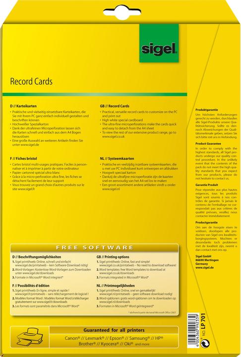 Produktbild Sigel Karteikarten (A7, 185 g/m², 20 x)