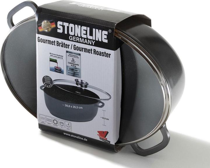 Produktbild Stoneline Gourmet Bräter 39 x 26 cm, mit Aroma-Glasdeckel (39 cm, Bräter + Schmortopf, Aluminiumguss)