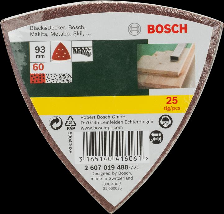 Immagine prodotto Bosch Zubehör Set di fogli abrasivi per levigatrice delta, 93 mm, 60, 6 fori, confezione da 25 pz. (60)