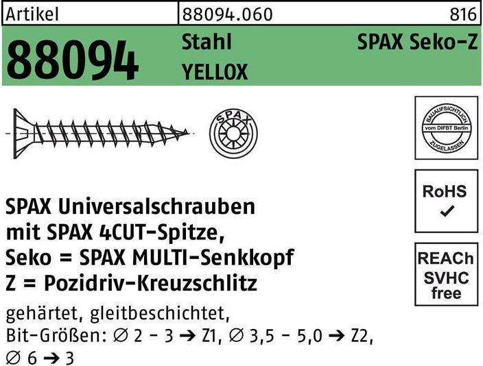Immagine prodotto Spax Vite R 88094 Testa svasata con punta/inclinazione a croce -PZ 2,5 x 25/22-Z Acciaio zincato giallo (1000 Viti per pezzo)