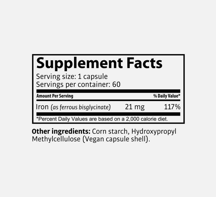 Valeurs nutritives et ingrédients Tasnim Bisglycinate de fer (60 pièce(s), Capsules)