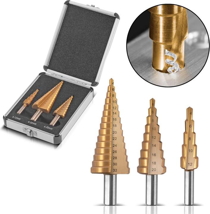 Immagine prodotto Stahlwerk Set di 3 punte per trapano a gradini in HSS con rivestimento TiN e scatola in alluminio (4-12 mm, 4-20 mm, Ø 4-32 mm)