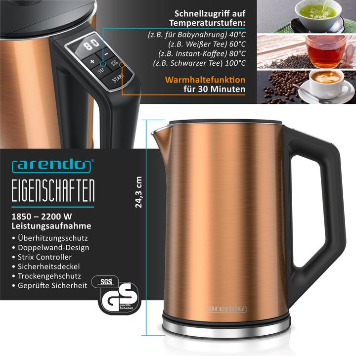 Immagine prodotto Arendo Set per la colazione, bollitore in acciaio inox da 1,5 l con impostazione della temperatura e