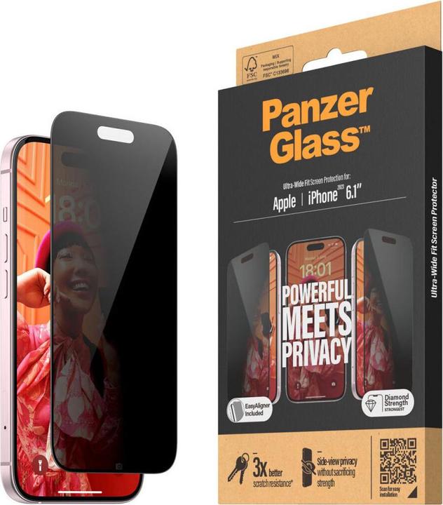 Actual product image PanzerGlass Privacy Screen Protector Ultra-Wide Fit w. EasyAlig. (1 Piece, Apple iPhone 15)