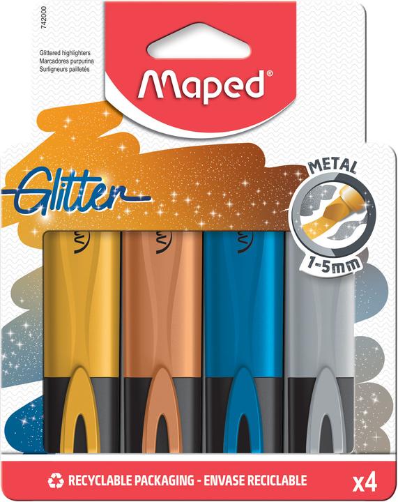 Produktbild Maped Textmarker, Markierstift FLUO PEPS METALLIC GLITTER - x4 Marker mit Glitter-Partikeln (gold (Farbig assortiert, 5 mm, 4 x)