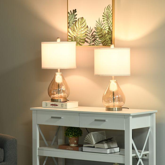 Actual product image Swisshandel24 Set of 2 table lamps Table lamps E27 socket bedside lamp 40 W glass linen steel amber Ø30 x 5 (E27)