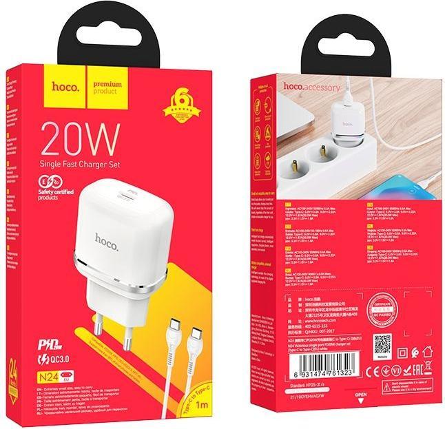 Produktbild Hoco Victorious N24, 20W, 3A, 1 x USB-C, with USB-C Cable, weiss