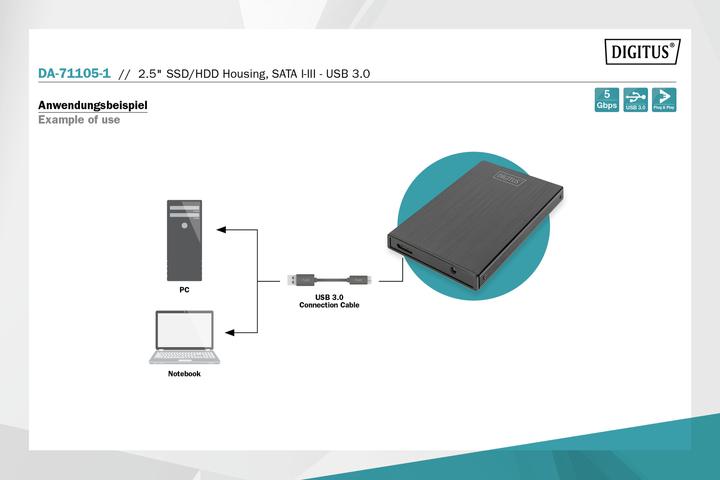 Immagine prodotto Digitus Alloggiamento 2,5" SSD/HDD, SATA I-III su USB 3.0 (2.5")