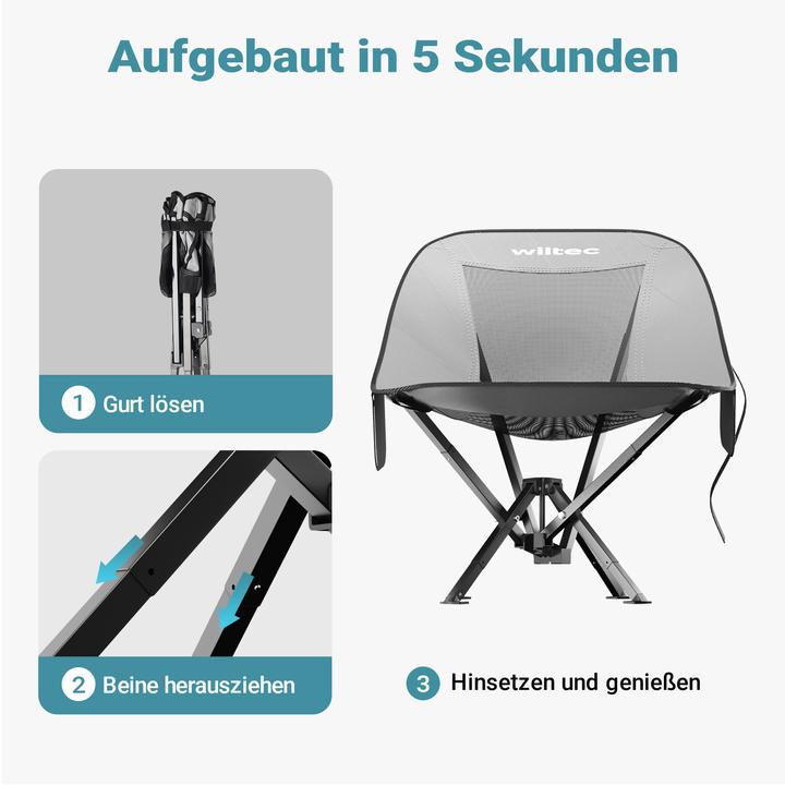 Image du produit Wiltec Chaise pliable de camping, Chaise de pêche, Fauteuil pliant compact 100 kg max. Gris Noir