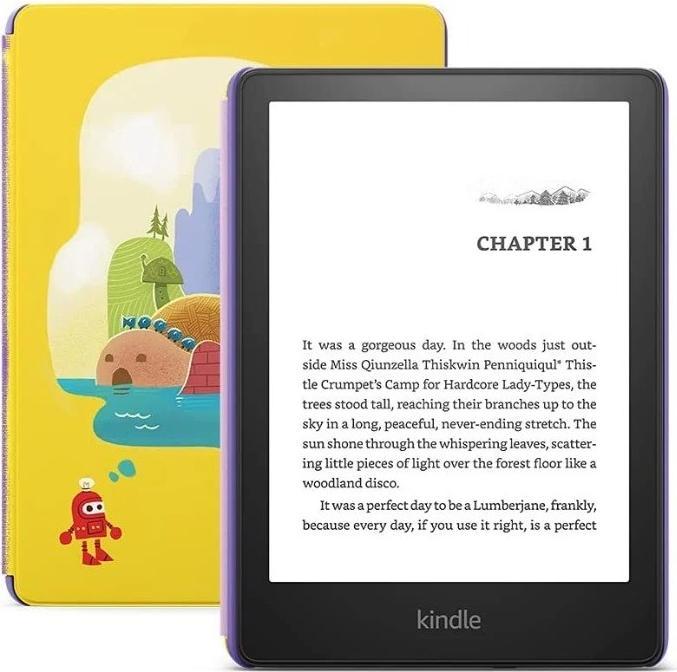 Actual product image Amazon Ebook Kindle Paperwhite Kids 6.8 8GB WiFi Robot Dreams (6.81", 8 GB, Violet, Yellow)