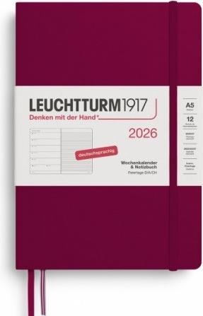 Leuchtturm1917 LEUCHTTUR Wochenkalender Medium 2026 44370486 1W/1S port red DE A5 (A5, Tedesco)