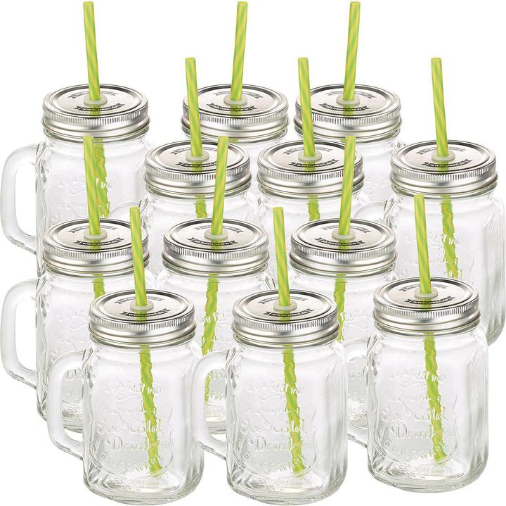Produktbild Pearl Retro-Trinkglas mit Henkel, Deckel und Trinkhalm, 12er-Set (0.45 l, 12 x)