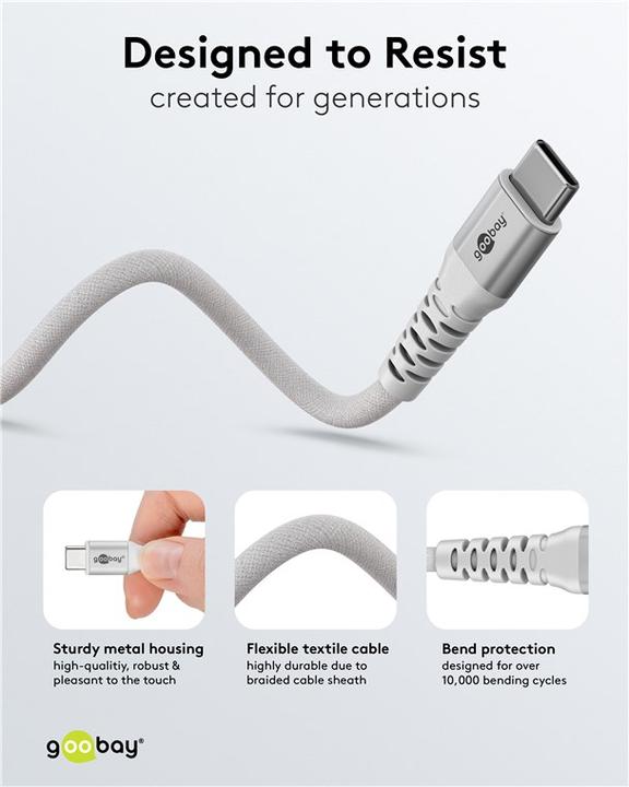 Produktbild Goobay USB-C-auf-USB-C-Textilkabel mit Metallsteckern, 2 m, weiss (2 m, USB 2.0)