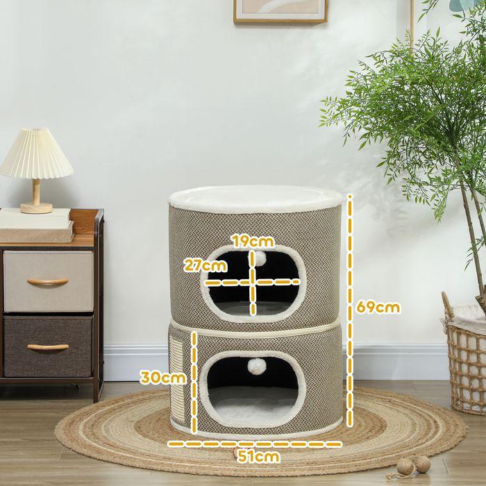 Actual product image Swisshandel24 Kratztonne, 69 cm hoch Katzentonne mit 2 Höhle, Kratzbaum für Katze bis 6 kg (69 cm, Coffee brown+cream white)