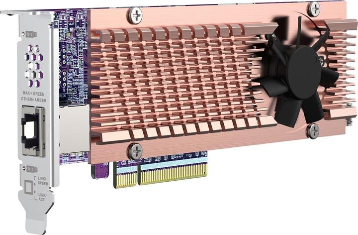 Actual product image QNAP Card QM2 series 2xPCIe 2280 M.2 SSD slots PCIe Gen4x8 1xAQC113C 10GbE NBASE-T port