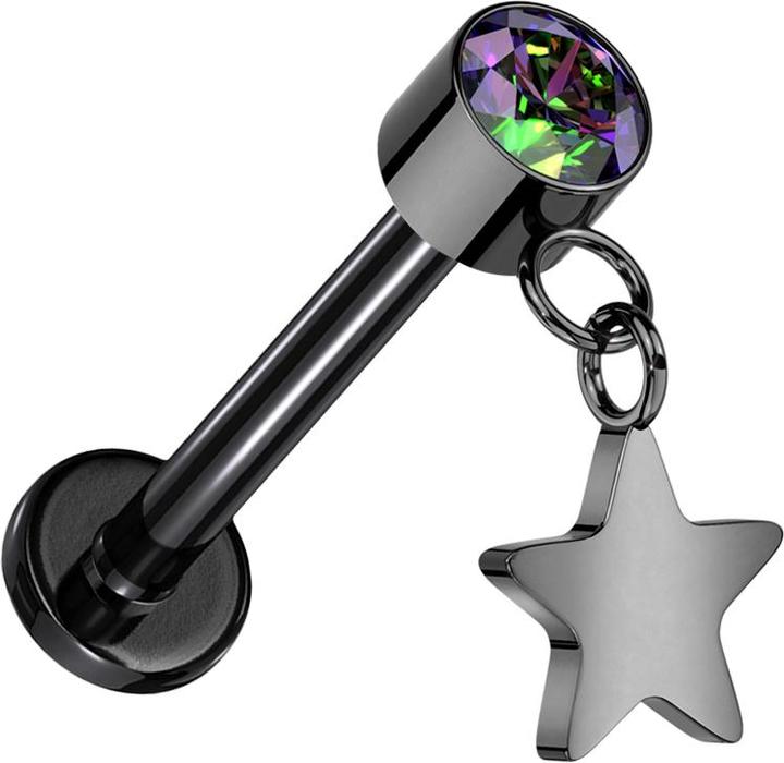 Actual product image Star Piercing Micro threadless labret black cylinder black crystal dark multicolour pendant star black (without brass, Titanium G23)