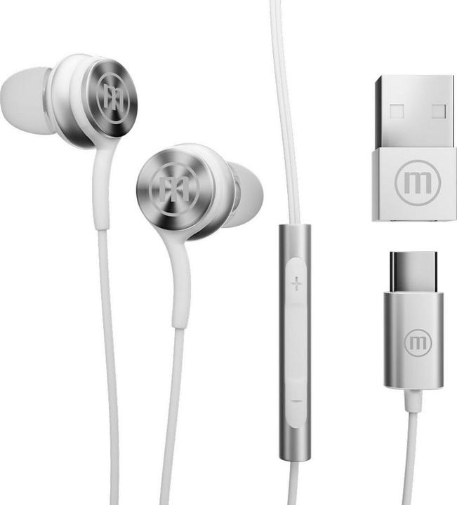 Actual product image Maxell XC1 USB-C Wired Headphones with USB-A Adapter white (Cable)