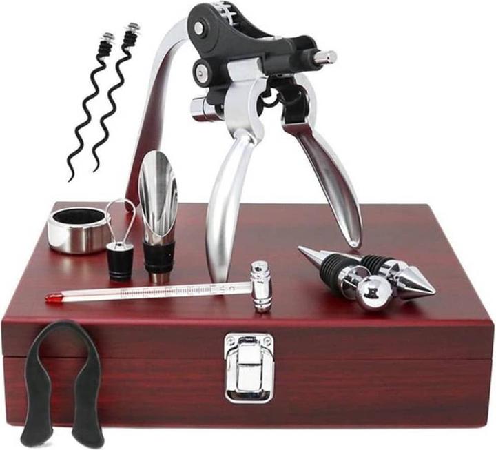 Immagine prodotto Childhome Set regalo vino in scatola di legno (Anello gocciolante, Chiusura per il vino, Versatore di vino, Termometro per vino)