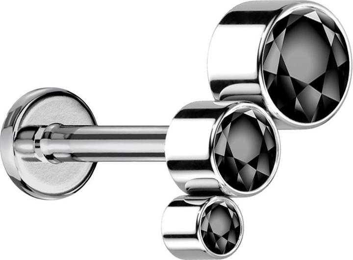 Star Piercing Micro Labret Innengewinde silber absteigend drei Kristalle schwarz (ohne Messing, Titan G23)