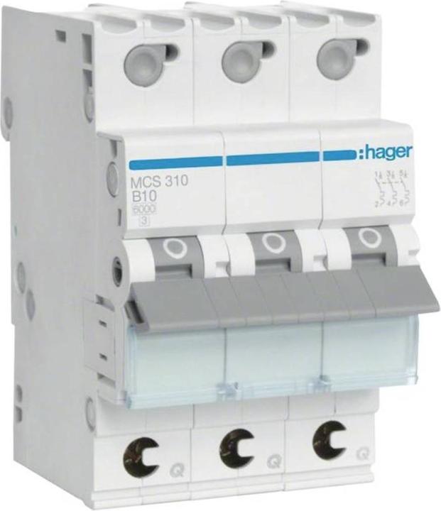 Immagine prodotto Hager MCS310. Corrente nominale: 10 A. Tipo: Tipo C, Quantità di moduli (max): 3 moduli. Larghezza: 52.5