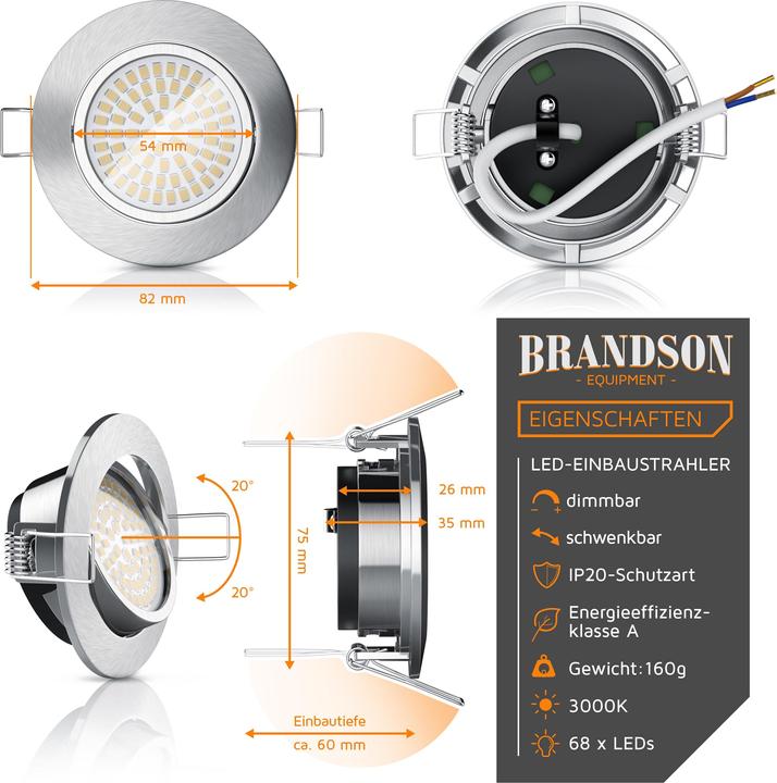 Immagine prodotto Brandson Faretto da soffitto a LED, faretto da incasso dimmerabile e orientabile, luce da incasso, faretto (320 lm)