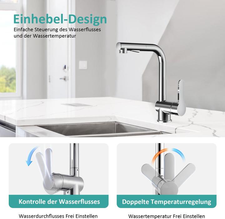 Produktbild Emke Küchenarmatur mit Ausziehbare Brause 2 Strahlarten Spültischarmatur, 60cm Schlauch, Chrom