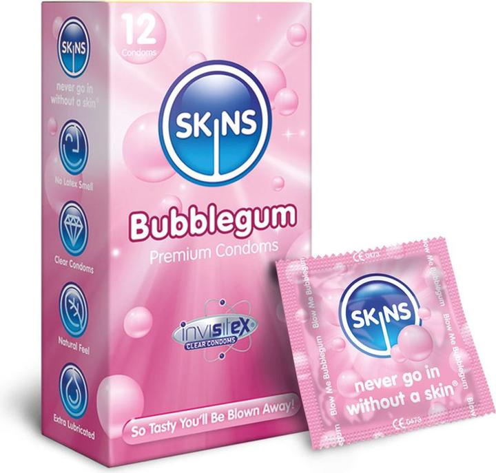 Skins Blow Me Bubblegum" 12 delicious condoms with bubblegum flavour - without latex smell (12 pcs.)