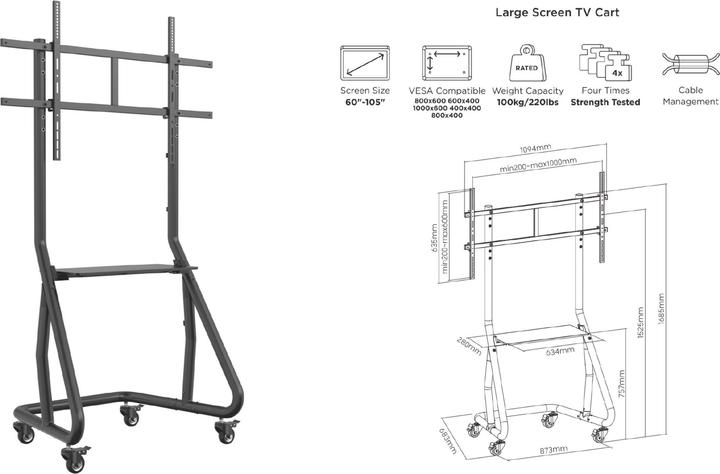 Produktbild equip TV-Wagen 60"-105"/100kg 1TFT mit Höhenverstellung grau (105", 100 kg)