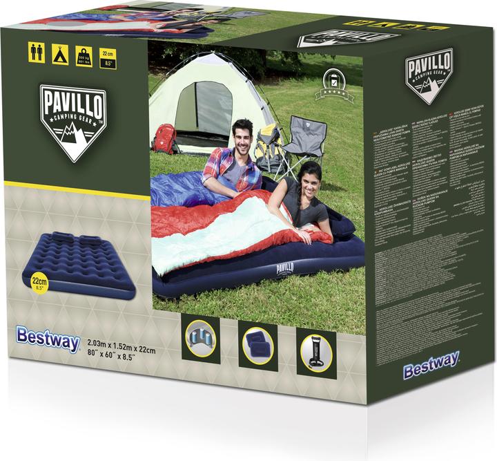 Actual product image Bestway inflatable mattress with pump and pillow, 203x152x22cm, suede