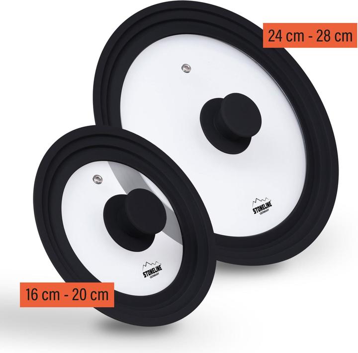 Actual product image Stoneline Universaldeckel Set mit Silikonrand für Töpfe Pfannen 16/18/20 cm, 24/26/28 cm |Schwarz (Glass)