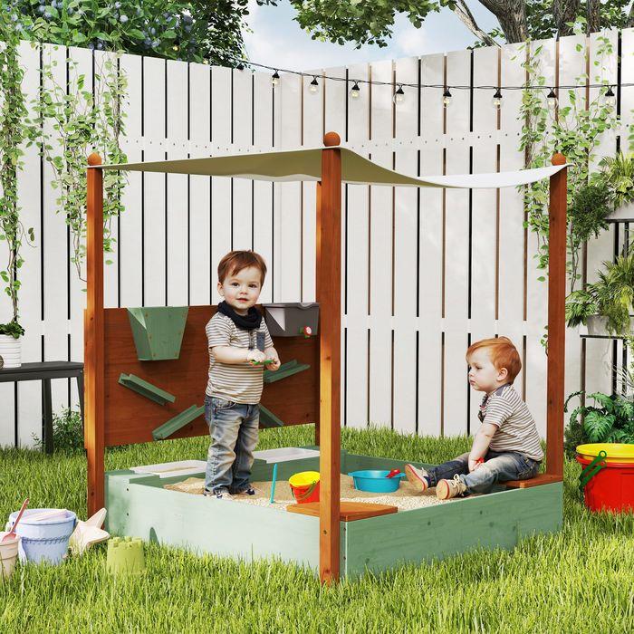 Actual product image Swisshandel24 Sandkasten mit Dach, 116 x 112,5 cm Sandkiste aus Holz für 3-6 Jahre Kinder Grün