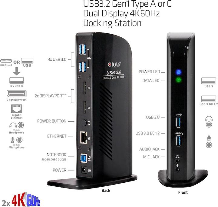 Actual product image Club 3D Dual Display Docking Station 4K60Hz (USB-B, 6 Ports)