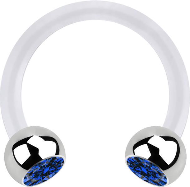 Star Piercing Micro Circular Barbell transparent mit zwei Kugeln silber Kristall dunkelblau (Bioflex, ohne Messing, Chirurgenstahl 316L)