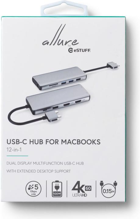 Produktbild eSTUFF USB-C Dual USB-C Dock USB 3.2 Gen 1 (3.1 Gen 1) Type-C Aluminium, Metallisch (USB-C, 12 Ports)