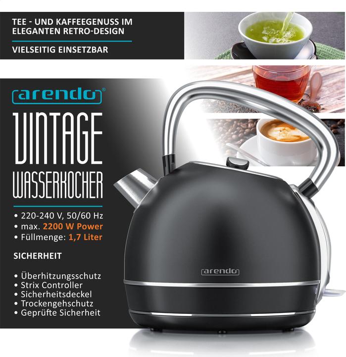Produktbild Arendo Wasserkocher 1,7 l, 2200 W, Edelstahl Retro Style Vintage, Überhitzung & Trockenkochschutz, schwarz (1.70 l)
