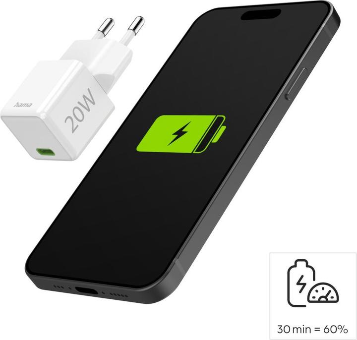 Actual product image Hama Fast charger, USB-C, PD/Qualcomm®, super mini charger, 20 W, white (20 W)