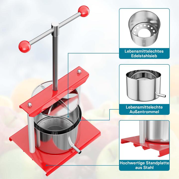 Actual product image Wiltec Fruit press Wine press steel 6 l stainless steel basket Fruit press Berry press (EU plug)