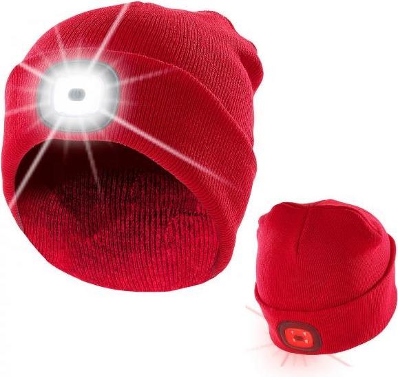 Produktbild Lunartec Stirnlampe rot Strickmütze Mütze Wintermütze mit weissen (vorne) & roten (hinten) LEDs