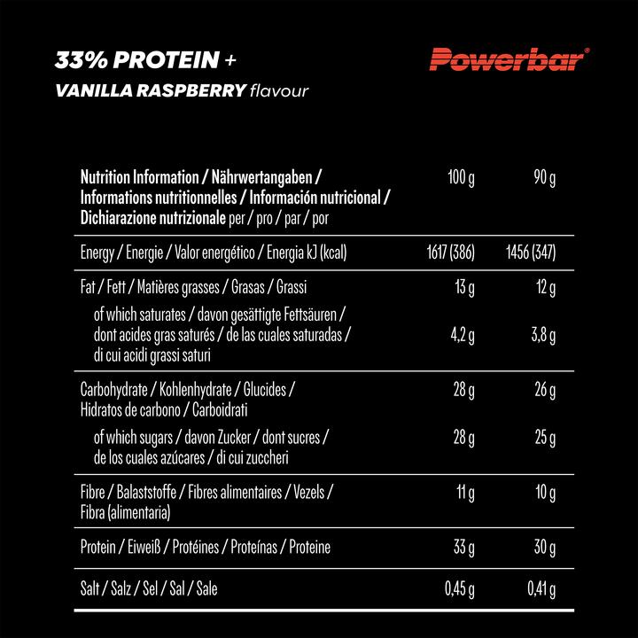 Valeurs nutritives et ingrédients Powerbar Protéine Plus 33 (Vanille, Framboise, 10 pcs, 900 g)