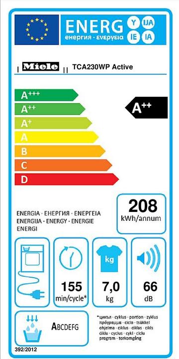 Label énergétique Miele Sèche-linge TCA230WP Blanc de lotus (7 kg, Gauche)