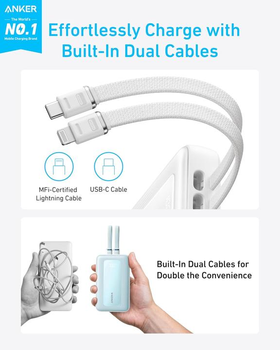 Image du produit Anker - Banque d'énergie (20K, 30W, câble Lightning USB-C intégré) B2C - UN White (20000 mAh, 30 W)