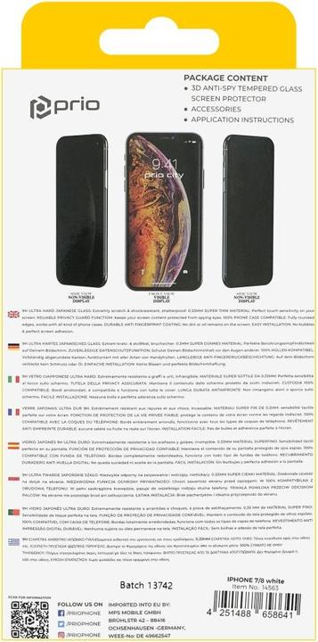 Produktbild prio 3D Anti-Spy Displayschutzglas für iPhone 7/8 weiss (1 Stück, Apple iPhone 8, Apple iPhone 7)