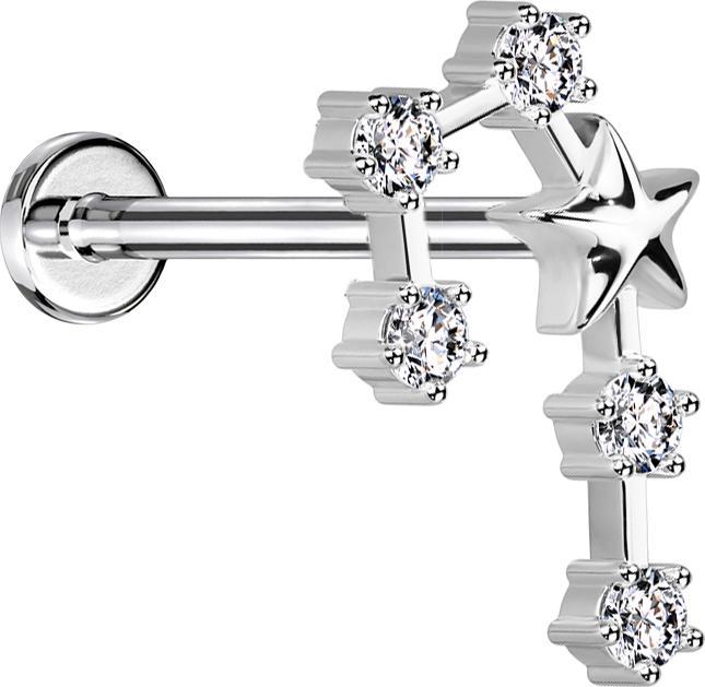 Image du produit Star Piercing Micro Labret femelle argenté signe astrologique Gémeaux avec cristaux (Acier chirurgical 316L, Laiton)