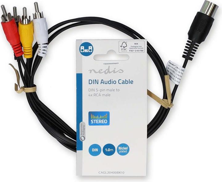 Actual product image Nedis DIN audio cable | DIN 5-pin plug | 4x RCA plug | Nickel-plated | 1.00 m | Round | PVC | Black (1 m)