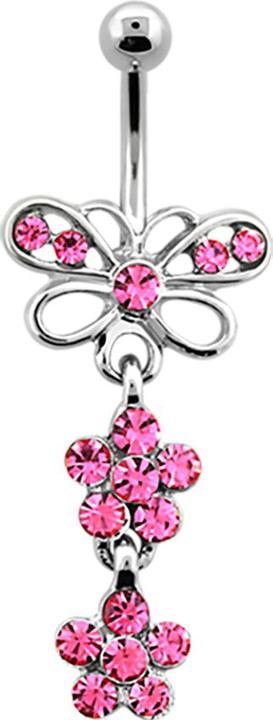 Star Piercing Banane silber mit Schmetterling und zwei Blumen pink (Chirurgenstahl 316L, ohne Messing)