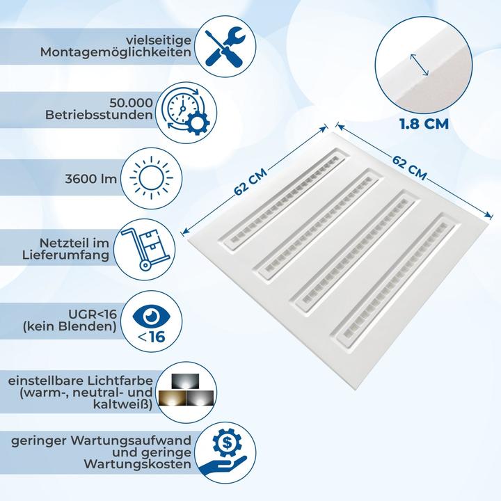 Image du produit Enovalite Panneau LED CCT 62x62cm, propriété anti-éblouissement (4200 lm)